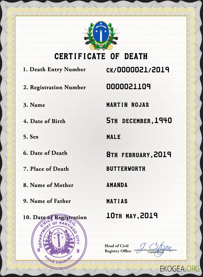 Modèle PSD de certificat de décès de l'état civil du Chili